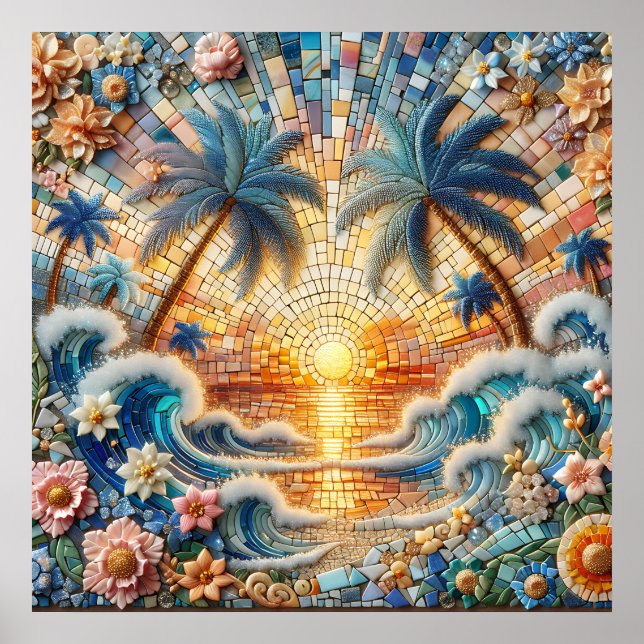 Magische Mosaik tropischer Ozean Sonnenuntergang Poster (Vorne)