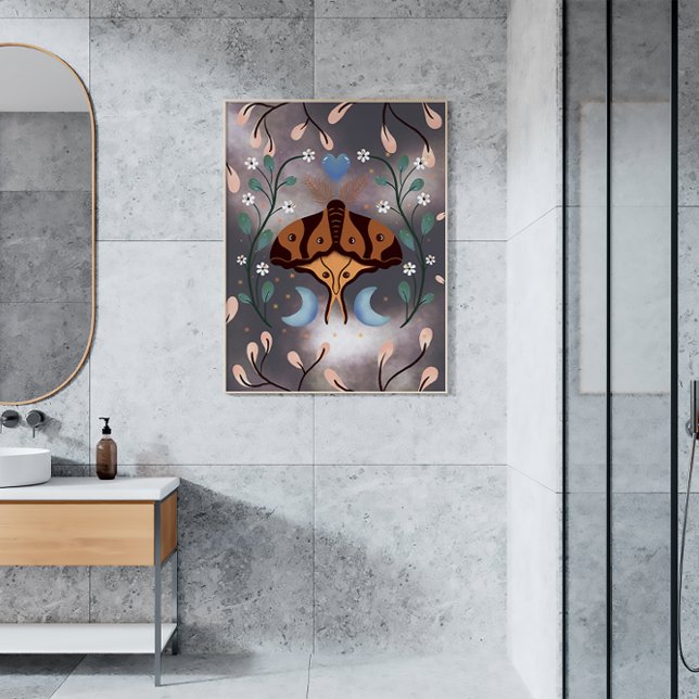 Magische Nachtmotte und Mond Poster (moth themed wall art in a modern bathroom)