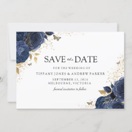 Magische Navy Indigo Rose Hochzeit mit Gold Floral Save The Date