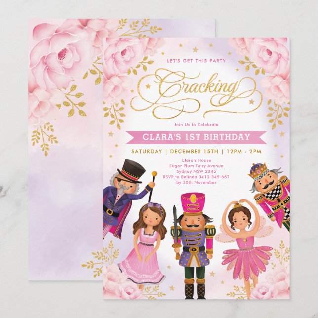 Magische Nutcracker Blush Gold Floral Girl Geburts Einladung (Vorne/Hinten)
