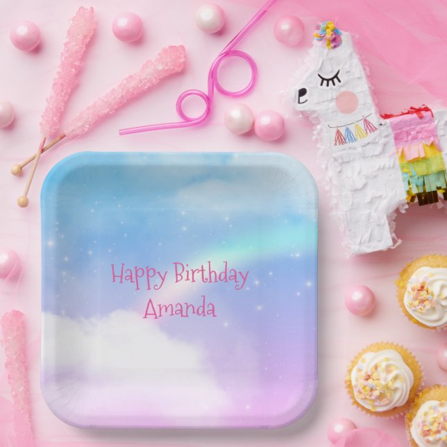 Magische Pastelwolken und ein Regenbogen zum Gebur Pappteller (Party)
