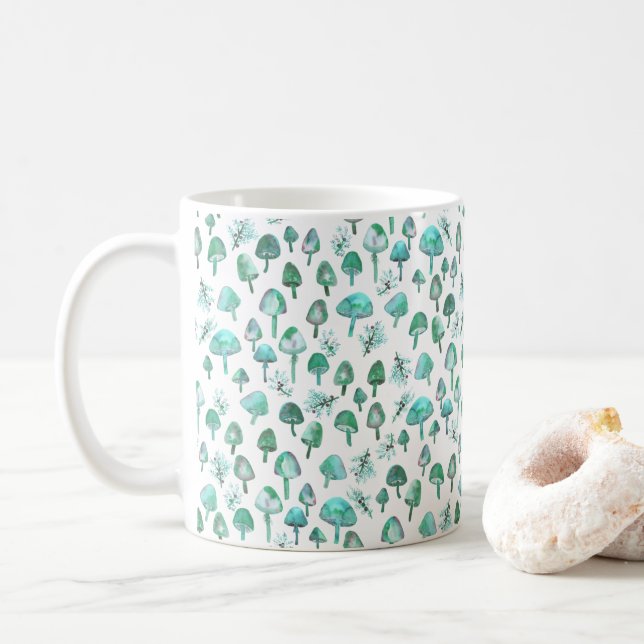 Magische Pilze Wasserfarbenwaldmuster Kaffeetasse (Mit Donut)