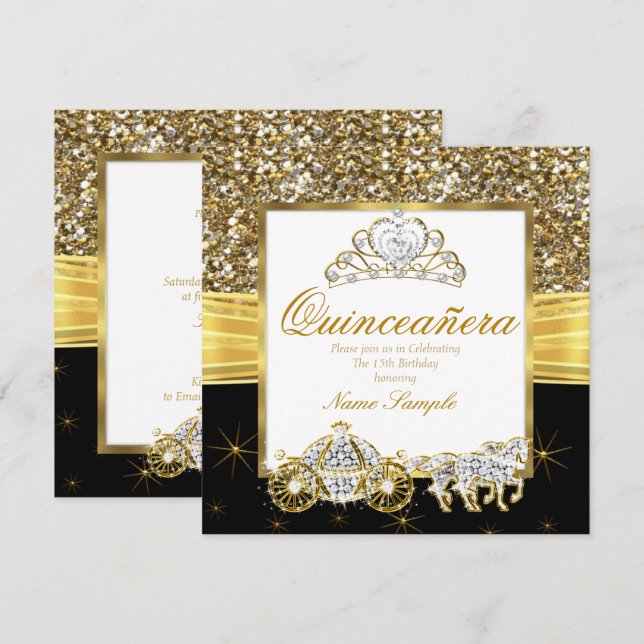 Magische Quinceanera Gold Black Horriage Einladung (Vorne/Hinten)