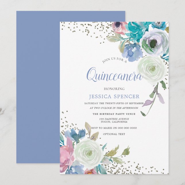 Magische Quinceanera: Mint Blue Sparkle Blume Einladung (Vorne/Hinten)