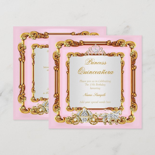Magische Quinceanera Pink Gold Pferd Carriage Einladung (Vorne/Hinten)