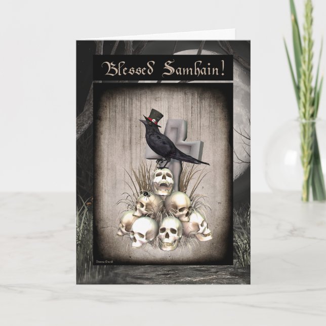 Magische Rabe und Schädel Samhain Karte (Vorderseite)