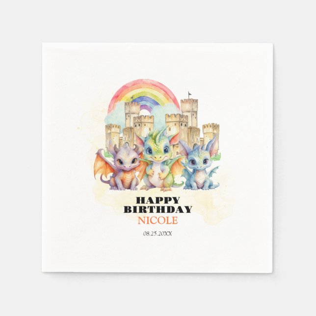 Magische Rainbow Castle Niedliche Baby Dragons Geb Serviette (Vorderseite)
