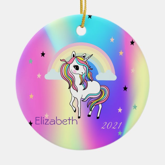 Magische Regenbogen-Einhorn-Sterne Holografisch Keramik Ornament (Vorne)