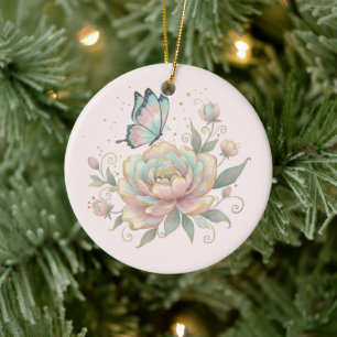 Magische Rose und Schmetterling in Pastellfarben Keramik Ornament
