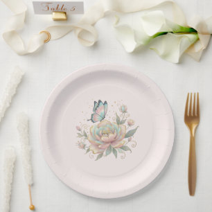 Magische Rose und Schmetterling in Pastellfarben Pappteller