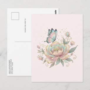 Magische Rose und Schmetterling in Pastellfarben Postkarte
