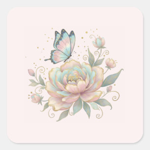 Magische Rose und Schmetterling in Pastellfarben Quadratischer Aufkleber