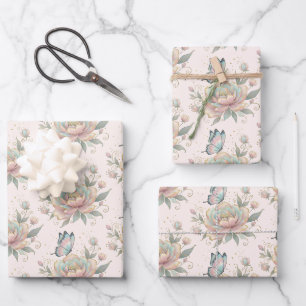 Magische Rose und Schmetterling Pastellfarben Must Geschenkpapier Set