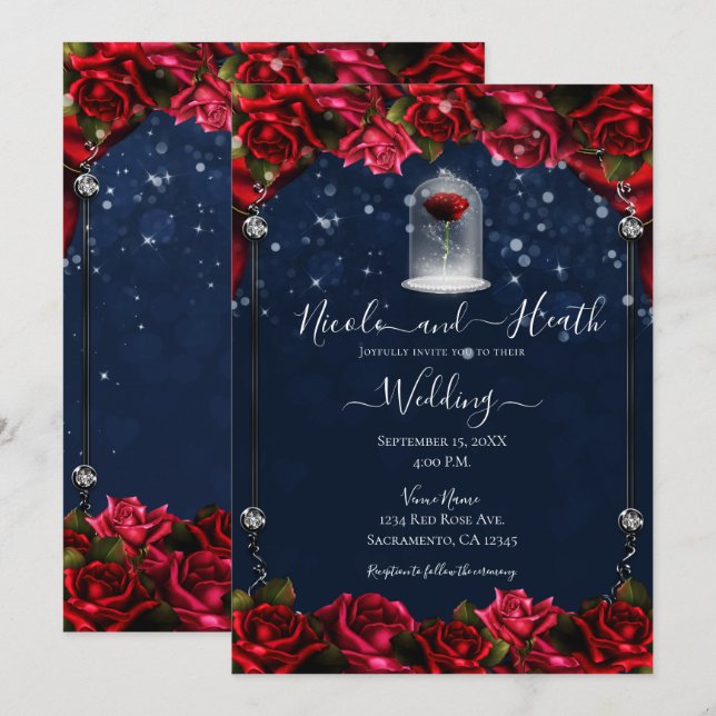 Magische Rote Rose White Gold Silver Blue Wedding Einladung (Vorne/Hinten)