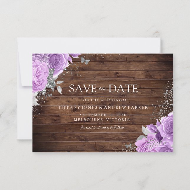 Magische Rustikale Lila Lavendel Rose Blumenzehen Save The Date (Vorderseite)