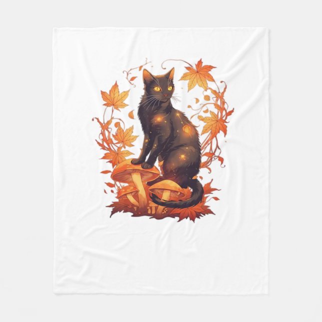 Magische Schwarze Katze im Herbstwald - Fallen Fleecedecke (Vorderseite)