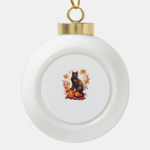 Magische Schwarze Katze im Herbstwald - Fallen Keramik Kugel-Ornament