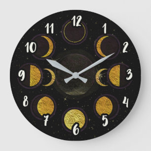 Magische schwarze und goldene Mondphasen Große Wanduhr