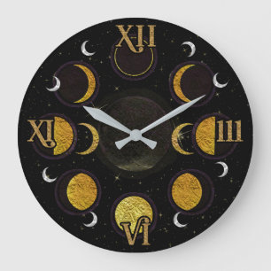 Magische schwarze und goldene Mondphasen Große Wanduhr