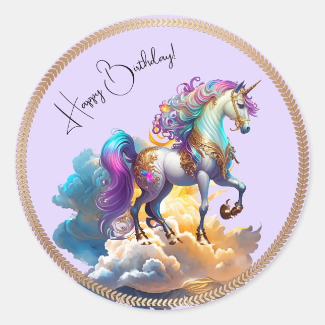Magische Unicorn Fantasiewolken romantisieren Gebu Runder Aufkleber (Vorderseite)