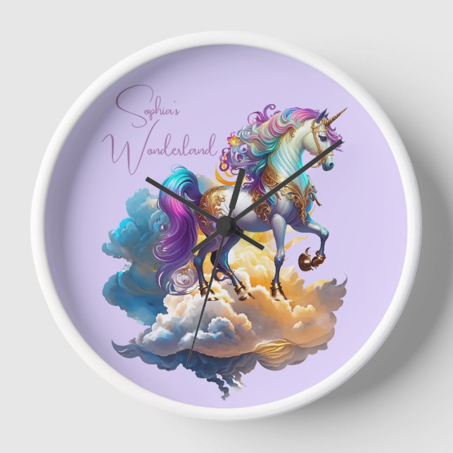 Magische Unicorn Fantasiewolken romantisieren Gebu Uhr (Vorderseite)