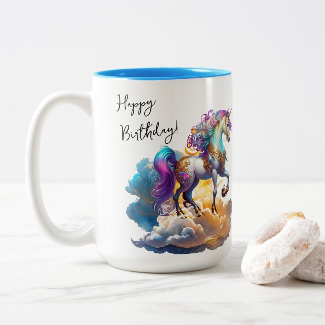 Magische Unicorn Fantasiewolken romantisieren Gebu Zweifarbige Tasse (Mit Donut)