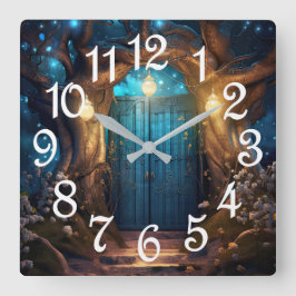 Magische verzauberte Forest Fantasy Antique Door Quadratische Wanduhr