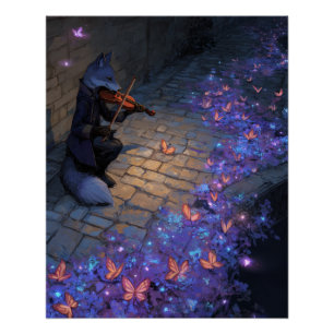 Magische Violin-Fuchs mit leuchtenden Schmetterlin Poster