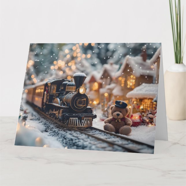 Magische Weihnachtsbahn-Szene mit Teddy Bear Karte (Vorderseite)