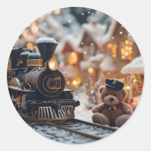 Magische Weihnachtsbahn-Szene mit Teddy Bear Runder Aufkleber