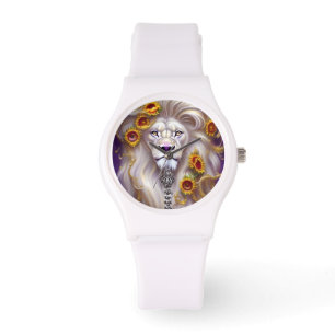 Magische weiße Löwe und Sonnenblumen Grafik Armbanduhr