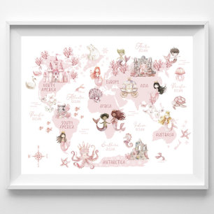 Magische Weltkarte für Mädchen, rosa Meerjungfraue Poster