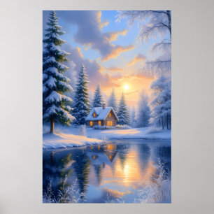 Magische Winter-Sonnenuntergangs-Hütten-Schneewald Poster