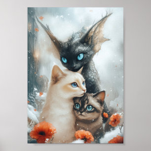 Magische Winterkatzen mit fantastischem Drachenwäc Poster