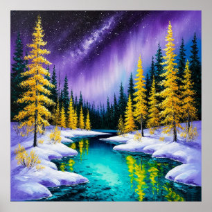 Magische Winterlandschaft mit gelben Bäumen Poster