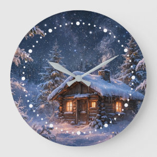 Magische Winternachts-Hütte im Wald Große Wanduhr