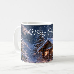 Magische Winternachts-Hütte im Wald Kaffeetasse