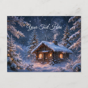 Magische Winternachts-Hütte im Wald Postkarte