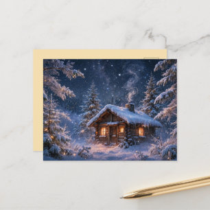 Magische Winternachts-Hütte im Wald Postkarte