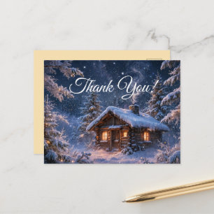 Magische Winternachts-Hütte im Wald Postkarte