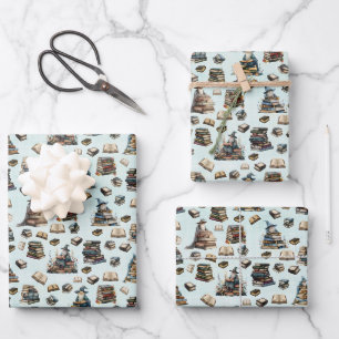 Magische Zauberer & Bücher auf Hellgrün Geschenkpapier Set