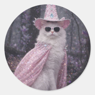 Magische Zauberkatze in funkelndem rosa Umhang und Runder Aufkleber
