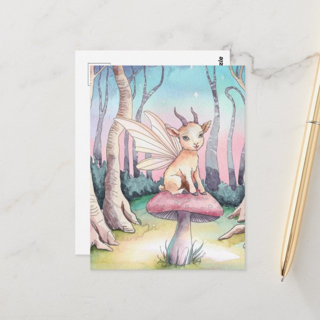 Magische Ziege sitzt auf einem Pilz im Wald Postkarte (Vorderseite/Rückseite Beispiel)