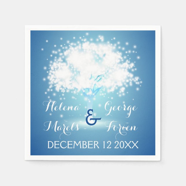 Magischer Baum mit glitzerndem Licht blaue Hochzei Serviette (Vorderseite)