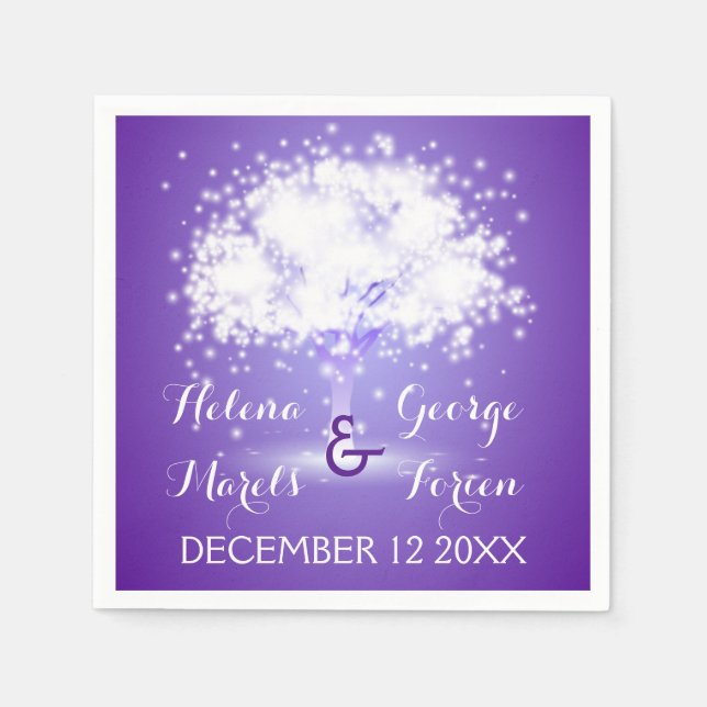 Magischer Baum mit glitzerndem Licht lila Hochzeit Serviette (Vorderseite)