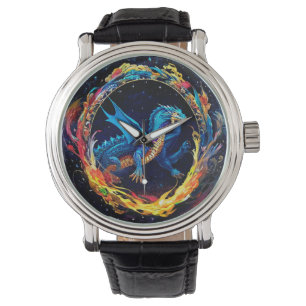 Magischer blauer Drache, umgeben von mystischen Fl Armbanduhr