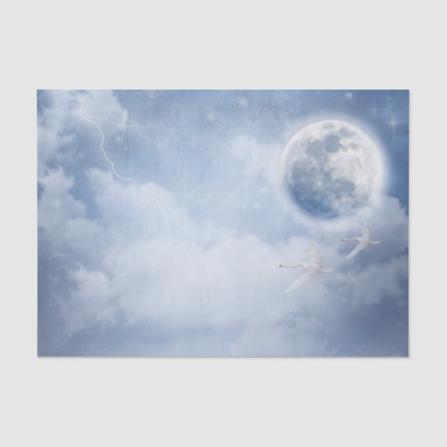 Magischer blauer Himmel mit flatternden Schwänen Seidenpapier (Vorderseite)