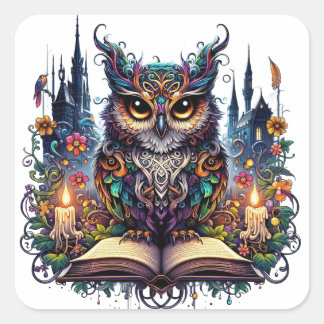 Magischer Bücher-Owl Quadratischer Aufkleber