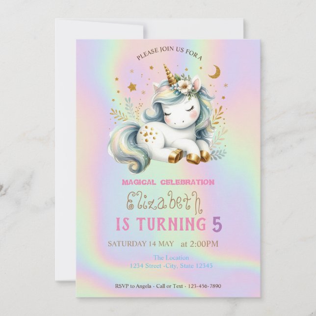 Magischer Chic Unicorn Rainbow Holographic Birthda Einladung (Vorderseite)