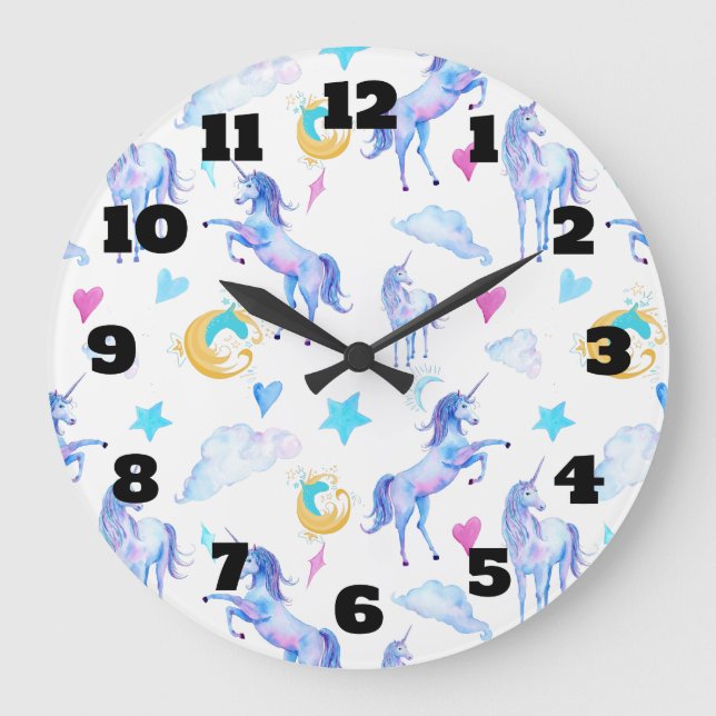 Magischer Einhorn-Muster-Aquarell-Fantasie-Entwurf Große Wanduhr (Vorderseite)